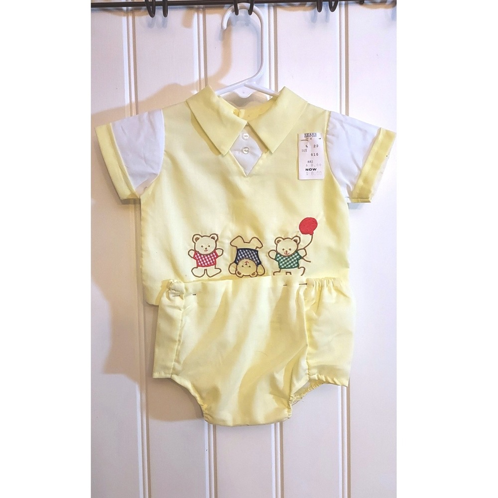Sears Vintage Teddy Bear Diaper Cover Set Baby 0-3M Yellow Embroidered Retro